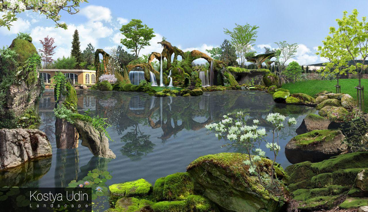 Концепция аватар- водопад с стиле фентези Концепция аватар- водопад с стиле фентези