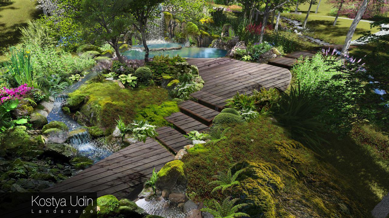 Концепция зоны отдыха - лесной пейзаж с водопадом Концепция зоны отдыха - лесной пейзаж с водопадом