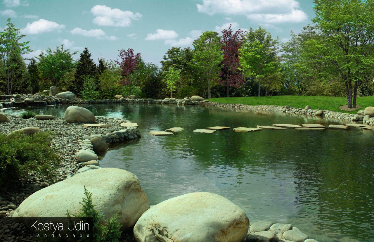 Плавательный пруд декорирован валунами Плавательный пруд декорирован валунами